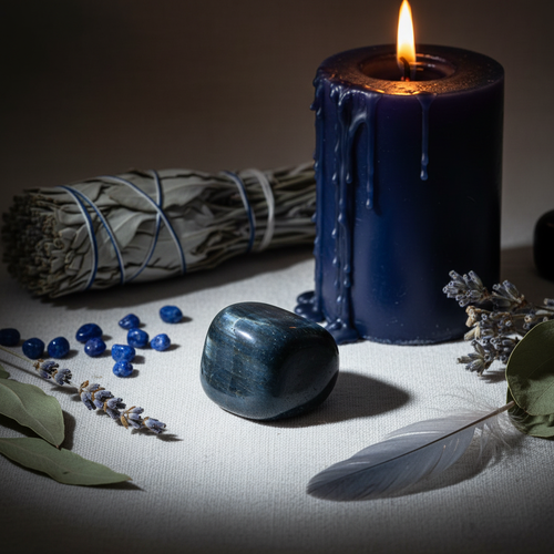 Single blue tiger eye tumbled stone with blue sage, sodalite chips and navy candle