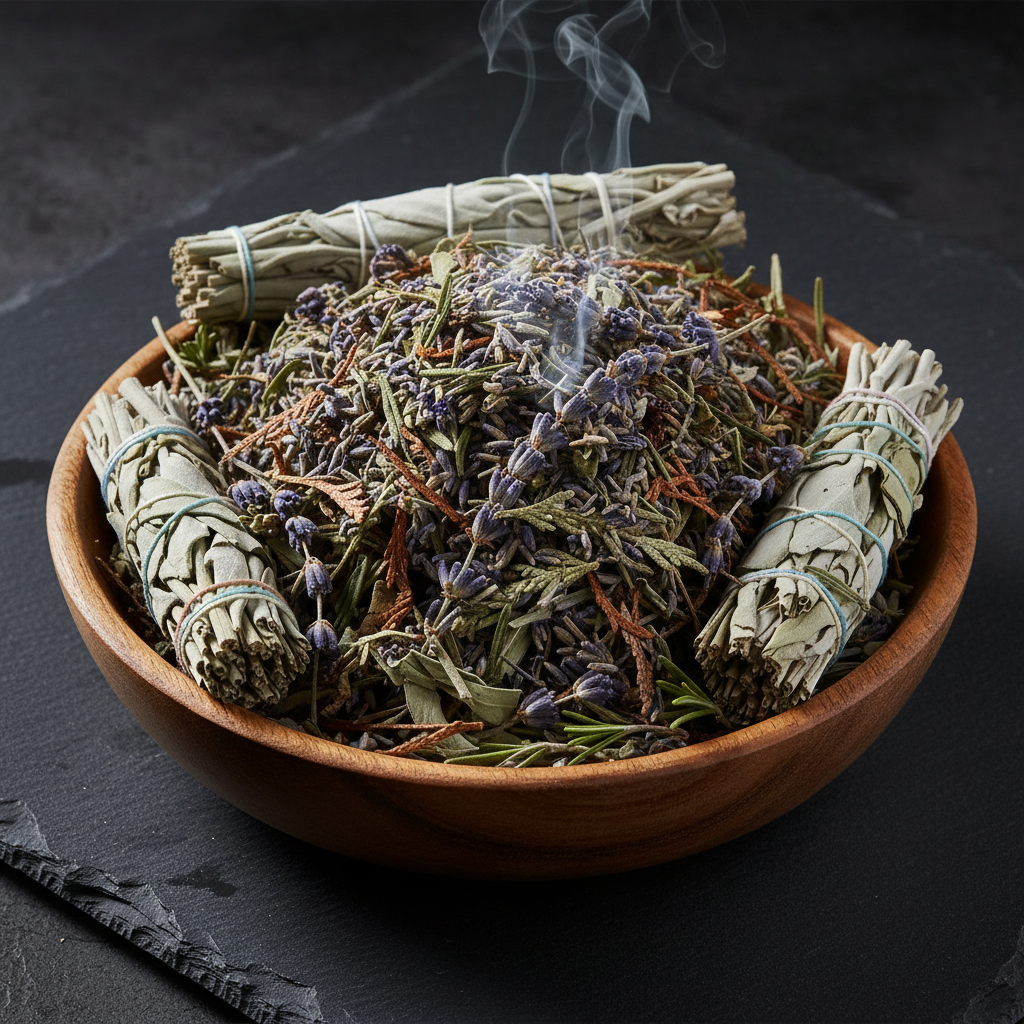 Dirty Dozen Super Sage loose blend of all twelve sage varieties in a wooden bowl with wisps of smoke