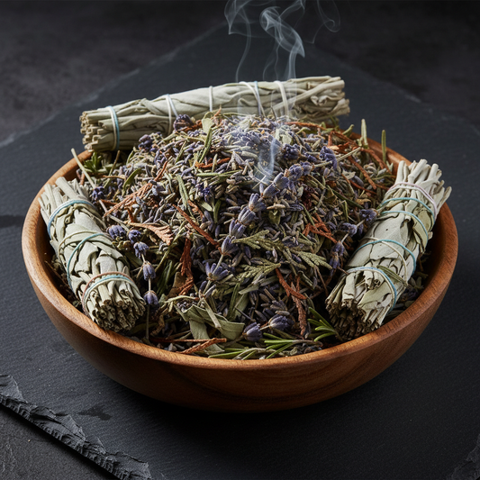 Dirty Dozen Super Sage loose blend of all twelve sage varieties in a wooden bowl with wisps of smoke