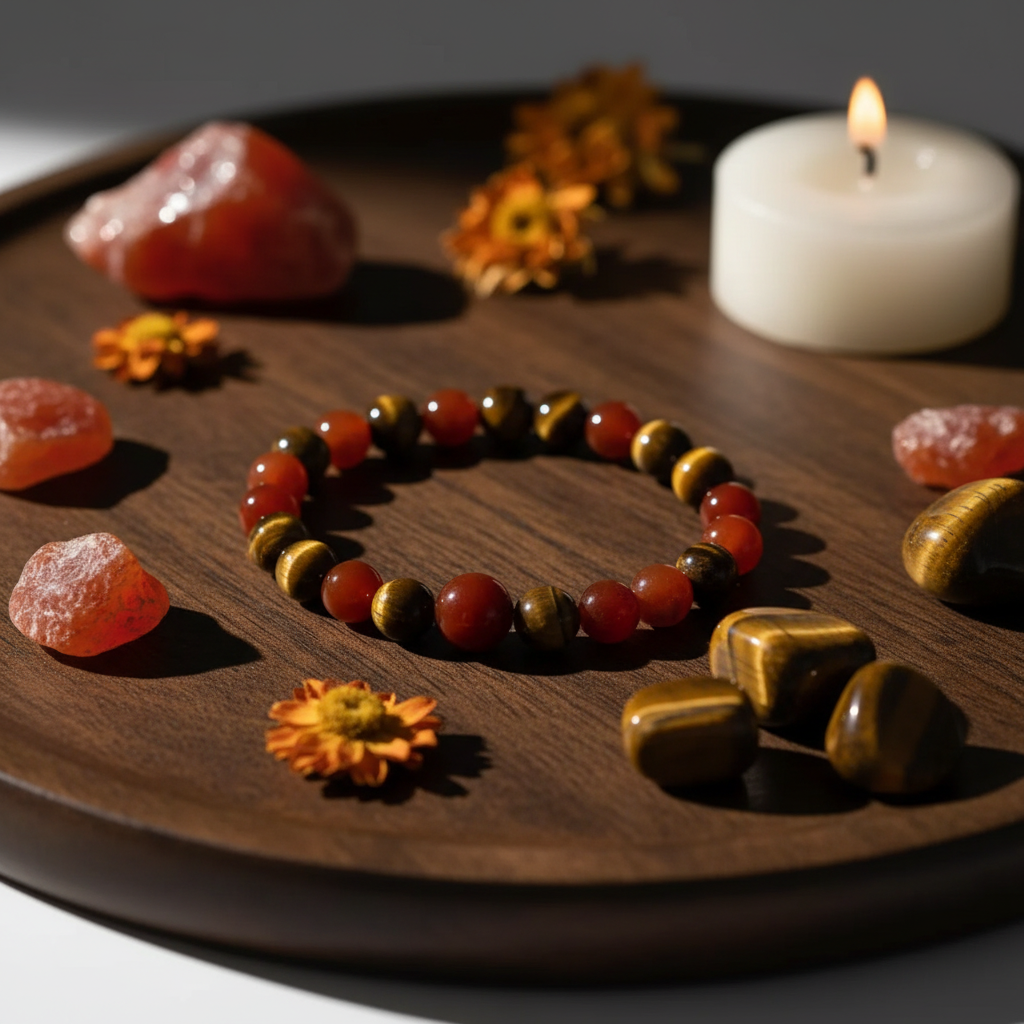 Carnelian and Tiger Eye bracelet lifestyle shot with loose stones and orange florals