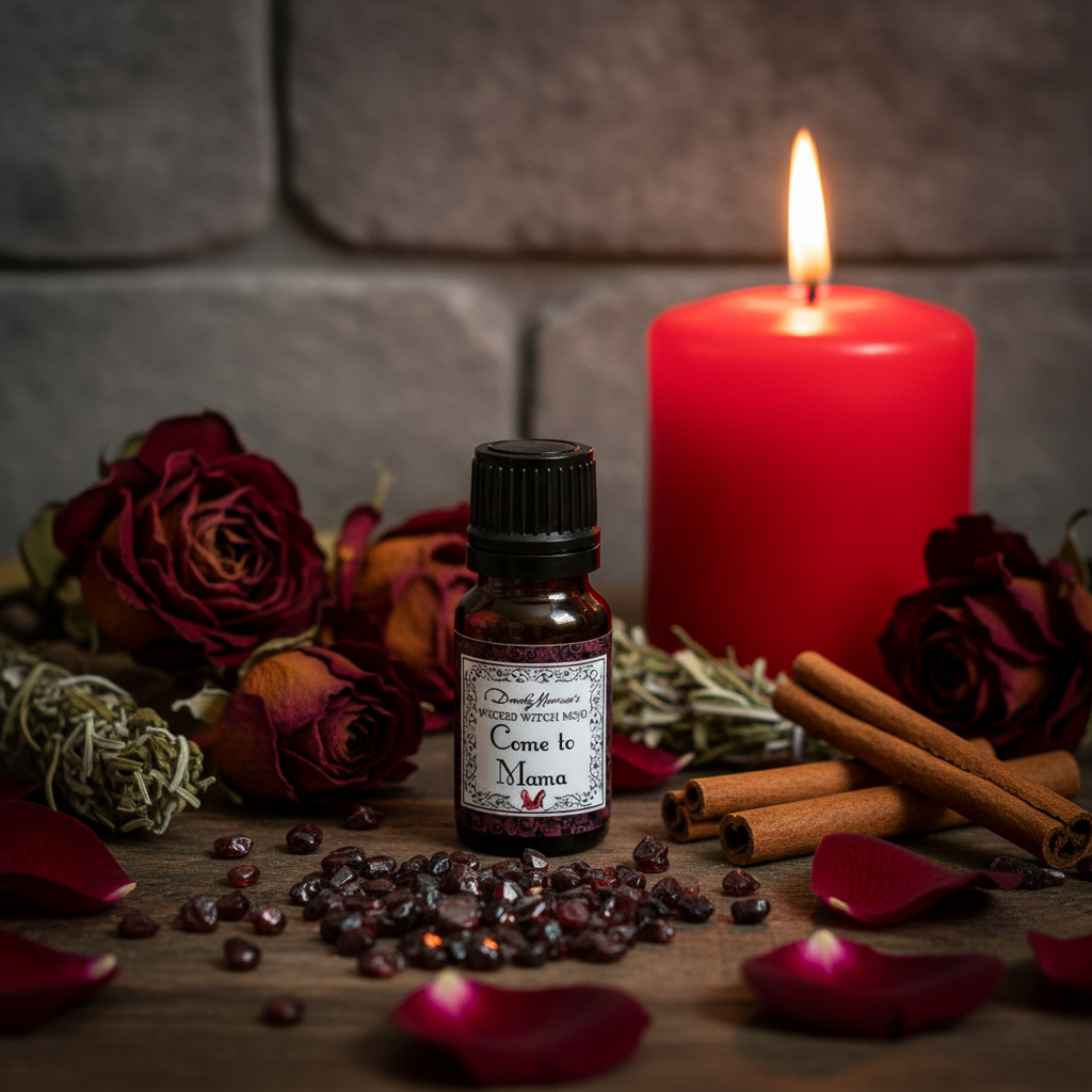 Come to Mama oil bottle with red roses, garnet chips, cinnamon and red candle props