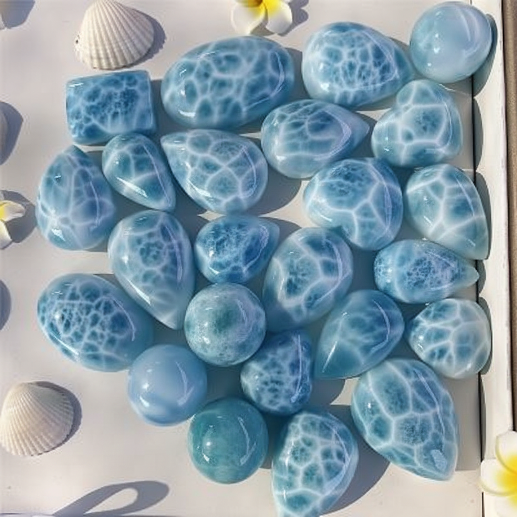Cluster of Larimar tumbled stones showing sky blue and white ocean wave marbling patterns