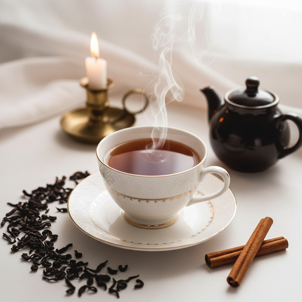 Steaming cup of English Breakfast black tea in white porcelain teacup with loose tea and candle