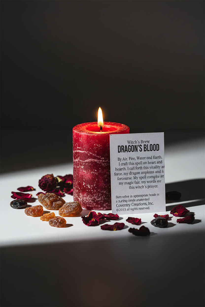 Dragon's Blood short pillar candle by Coventry Creations hero shot with resin and rose petals