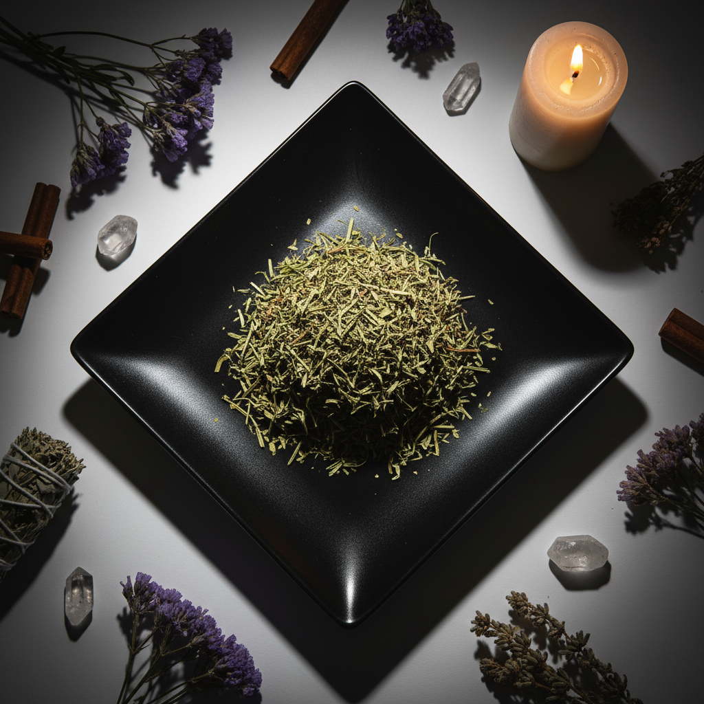 Hyssop herb flat lay with purple flowers and candle
