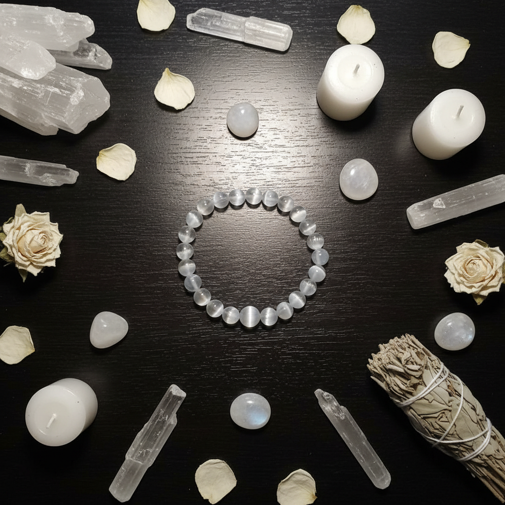 Selenite beaded bracelet flat lay with raw selenite, white petals and candles on dark background