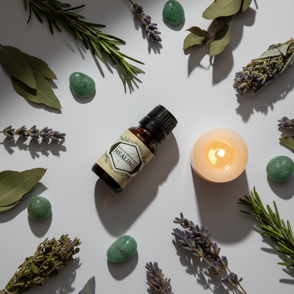Blessed Herbal Healing Oil flat lay - top-down with crystals, herbs and candle