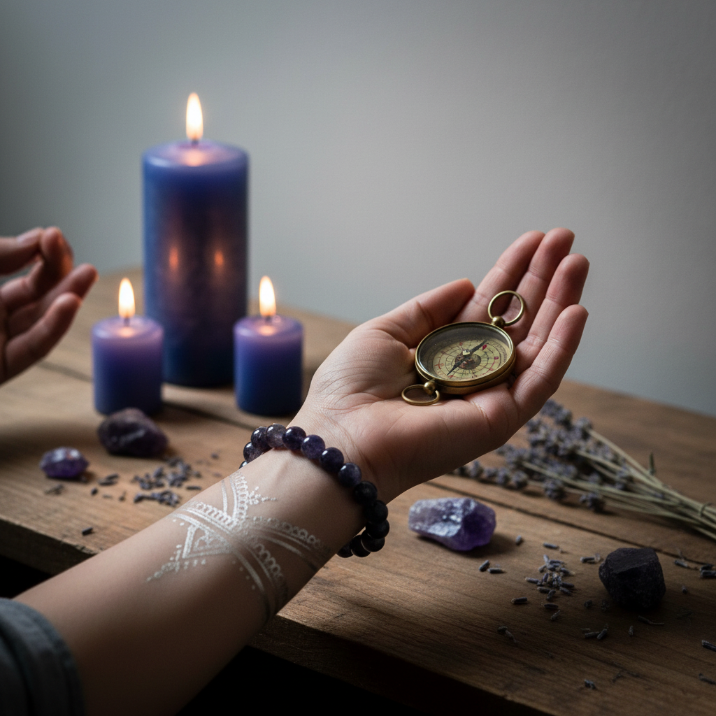 Hands in meditation pose wearing iolite beaded bracelet with crystals and lavender in candlelight