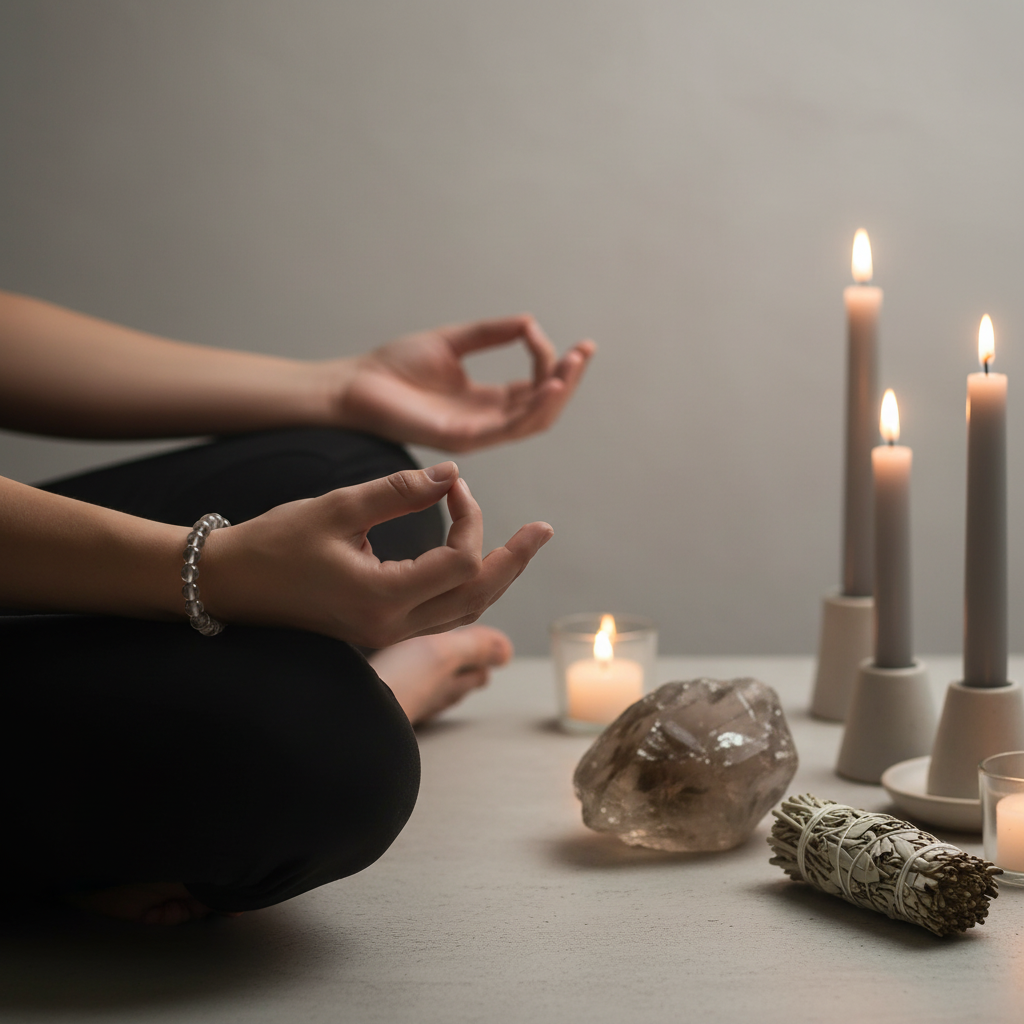 Hands in grounding meditation pose wearing smoky quartz bracelet with raw crystal point and sage in candlelight
