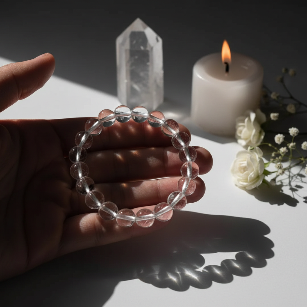 Clear quartz bracelet worn on wrist with crystal point, white flowers and candle in warm candlelight