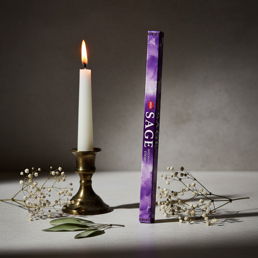 HEM Sage Incense Sticks hex box standing upright with sage and candlelight