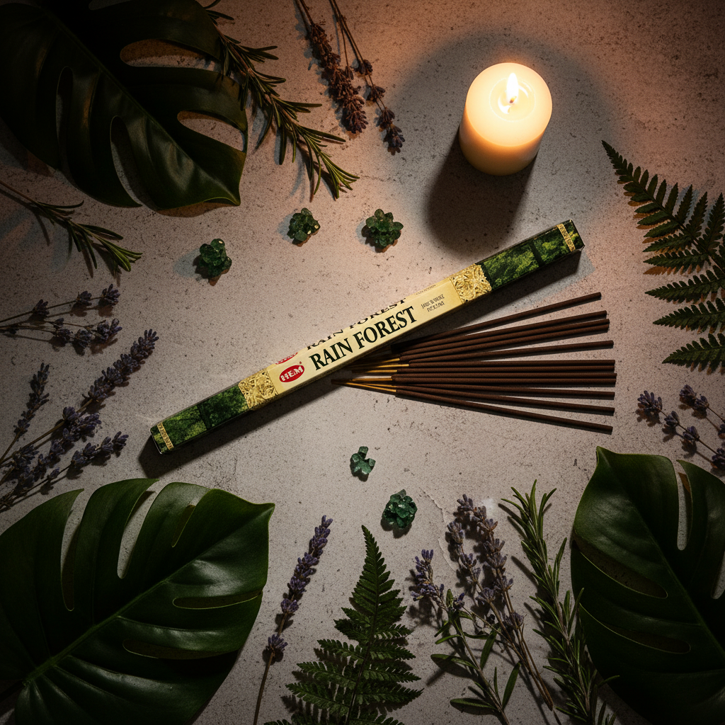 HEM Rain Forest incense flat lay