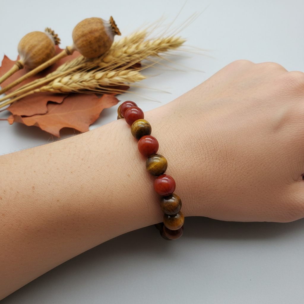 Carnelian and tiger eye bracelet worn on wrist showing large 10mm alternating orange-red and golden-brown chatoyant beads