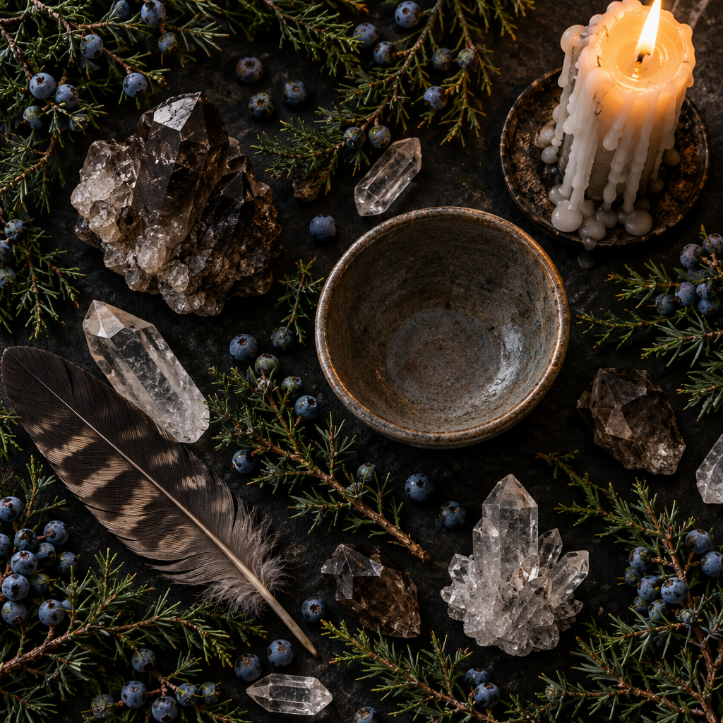 Juniper ritual props-only flat lay