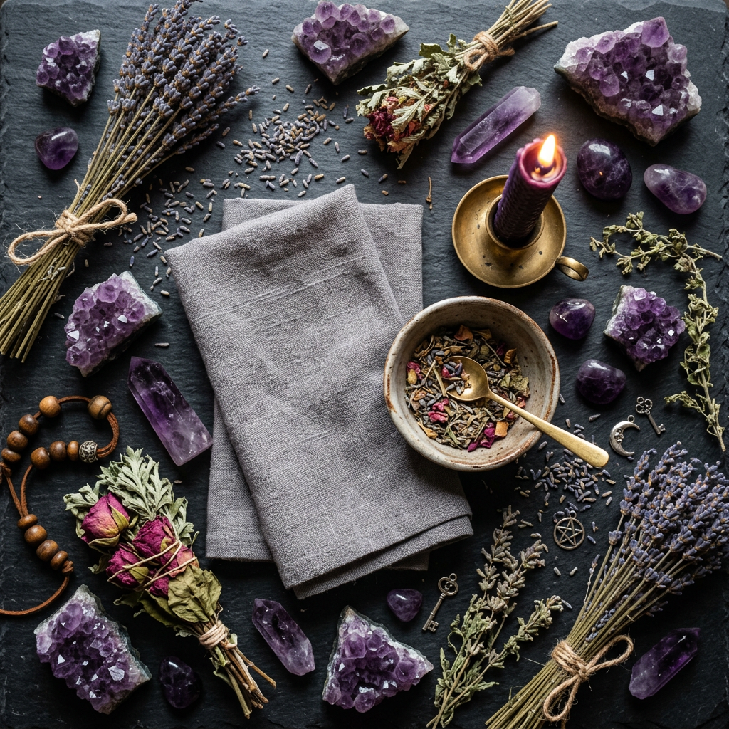 Lavender ritual props flat lay