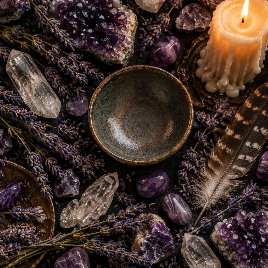 Lavender ritual props-only flat lay
