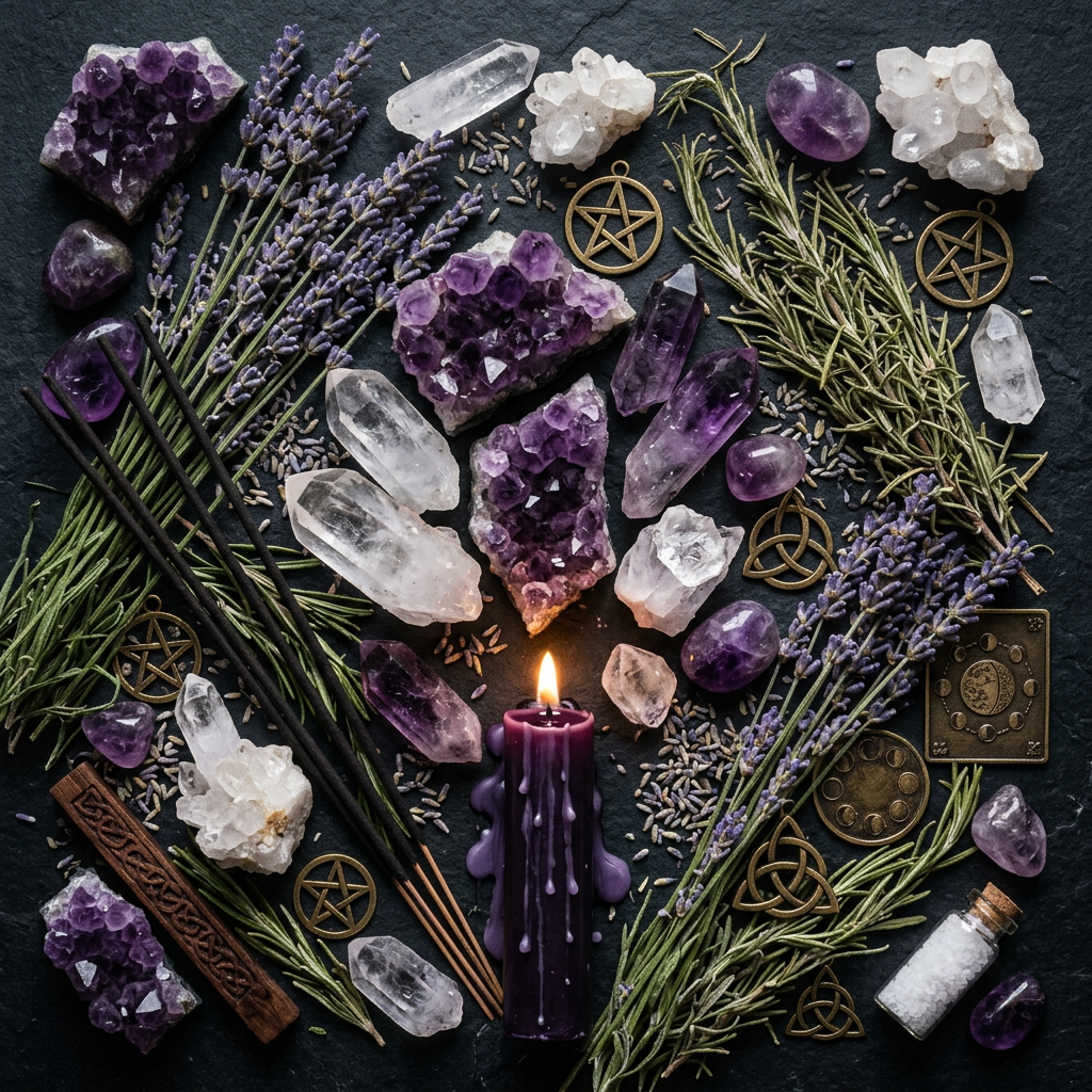 Lunar Celtic ritual props-only flat lay