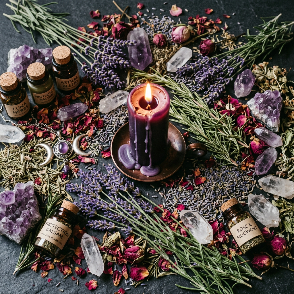 Lunar herbal ritual props-only flat lay