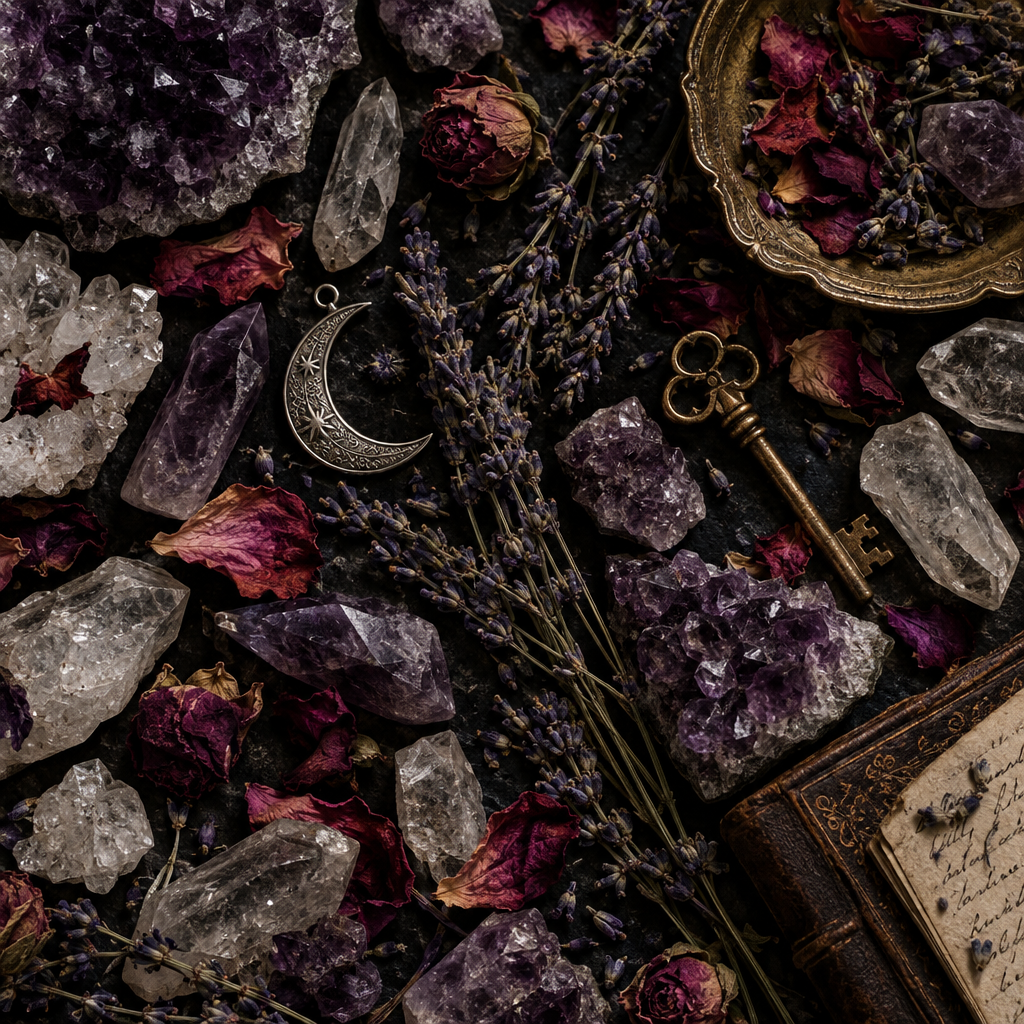 Lunar ritual props flat lay