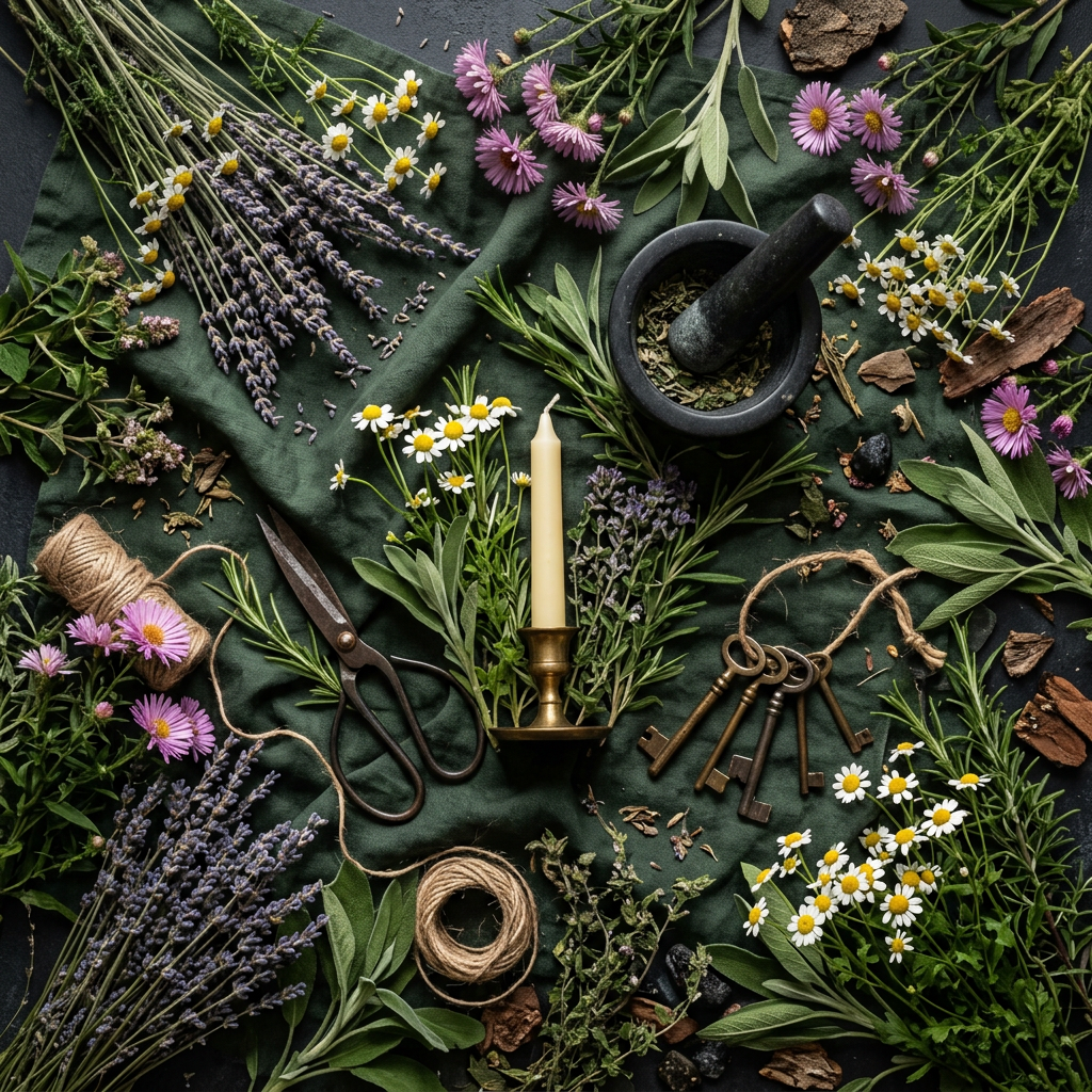 Magical Witch’s Tools botanical props-only flat lay