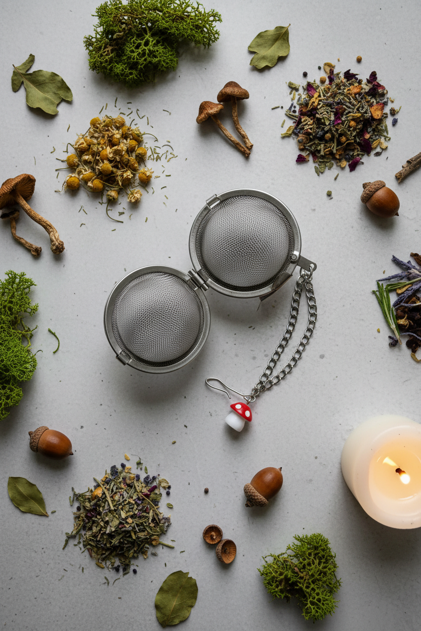 Mini Mushroom Tea Ball Flat Lay