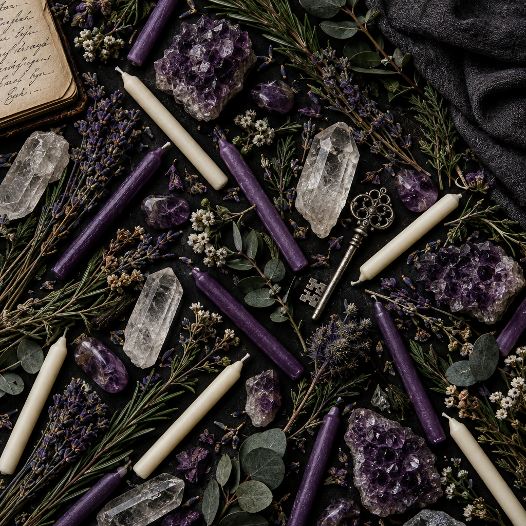 Mini taper ritual props flat lay