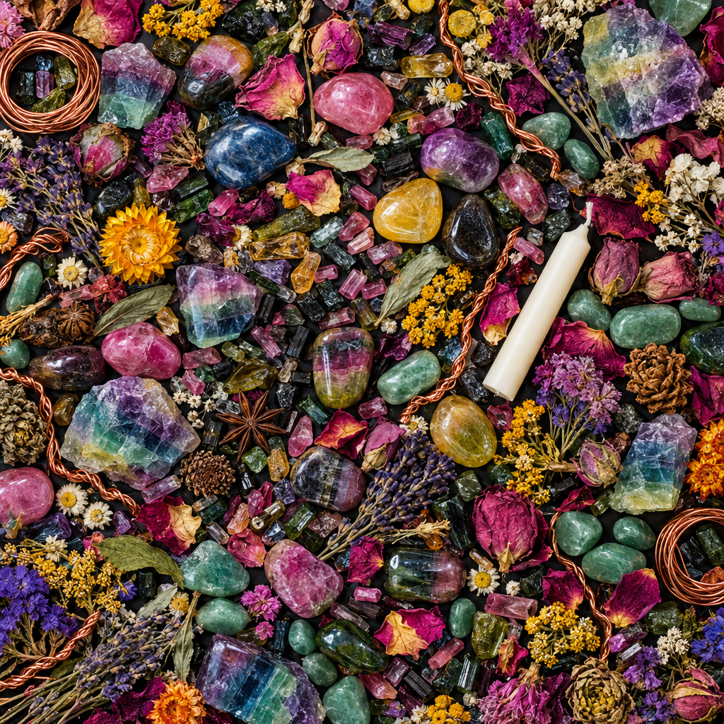 Mixed Tourmaline Crystal Tree Burner Flat Lay
