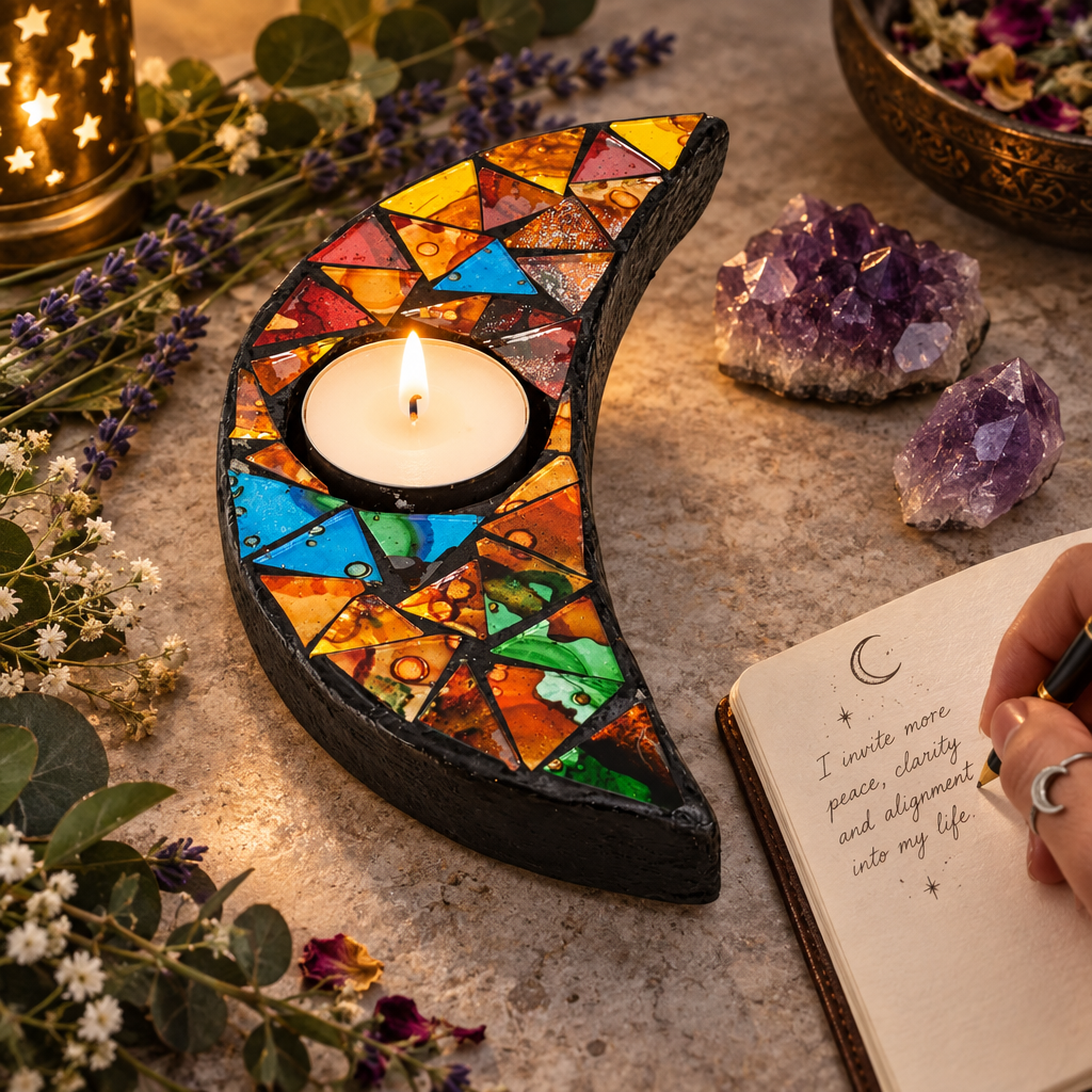 Moon mosaic tea light holder lifestyle