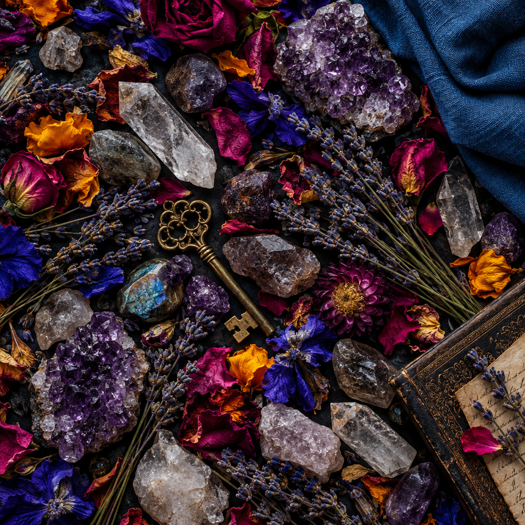 Mosaic candle ritual props flat lay