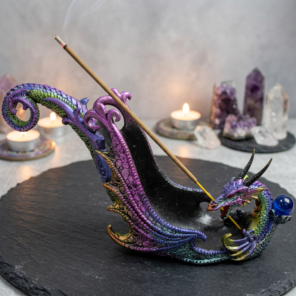 Multicolored dragon incense holder in use