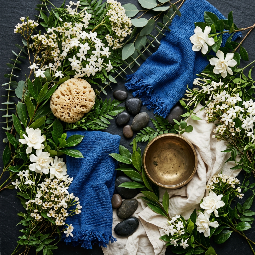 Nag Champa bathing props-only flat lay