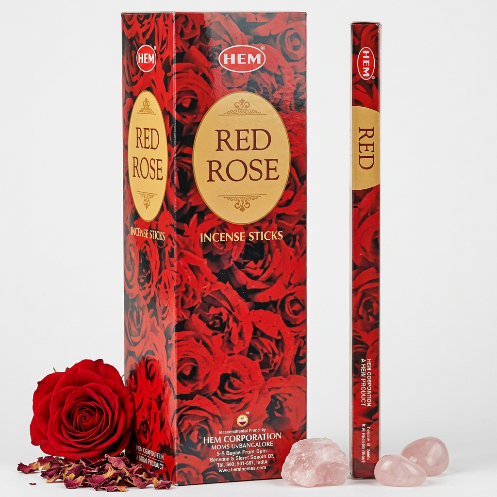 Original HEM Red Rose photo styled with light grey background and rose-themed props