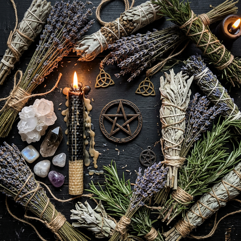 Pentacle cleansing ritual props-only flat lay