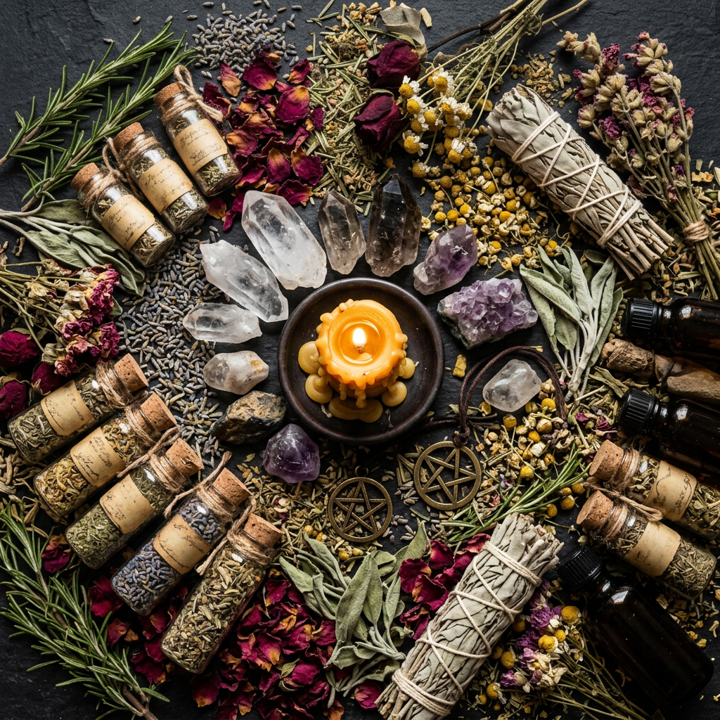 Pentacle herbal ritual props-only flat lay