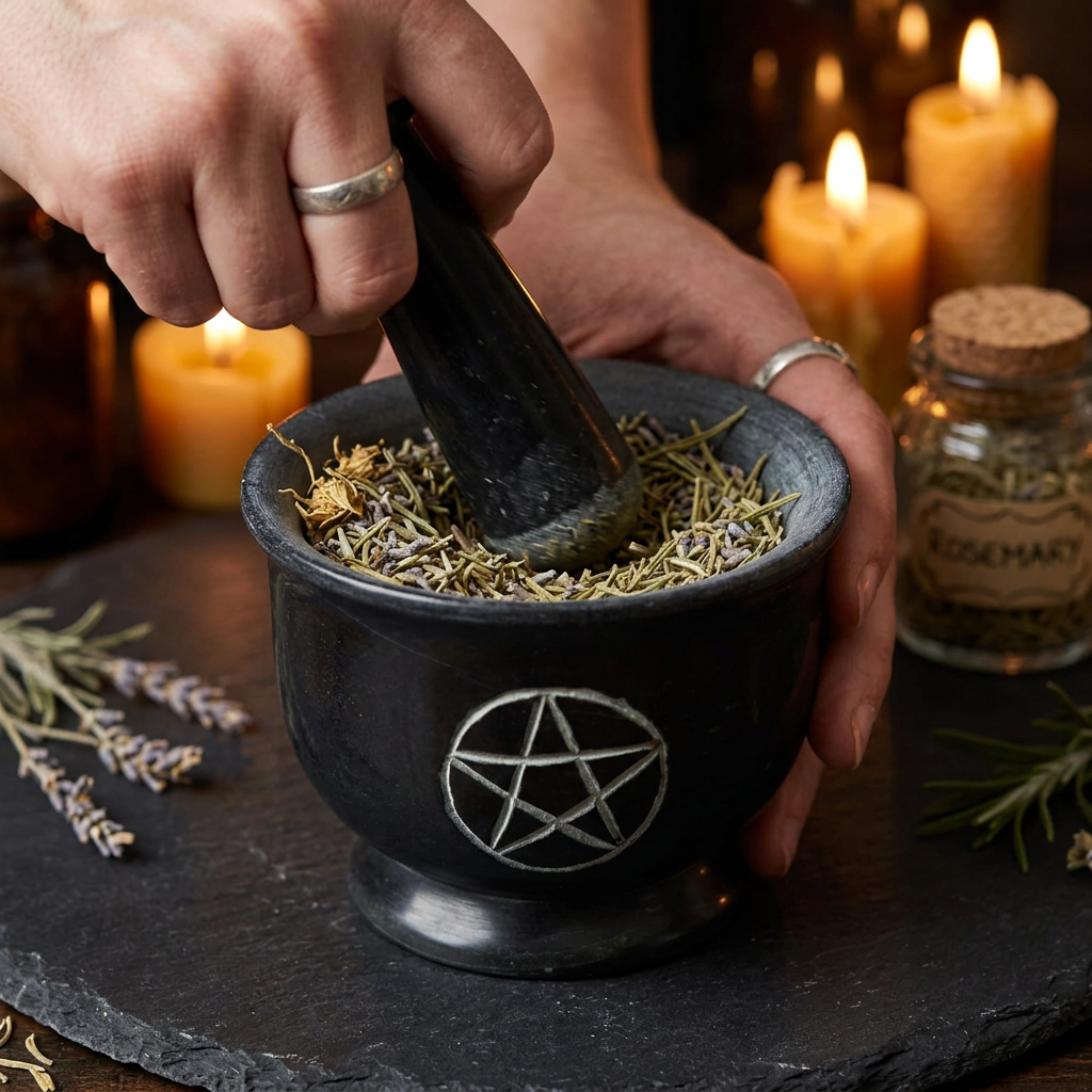 Pentacle mortar and pestle in use