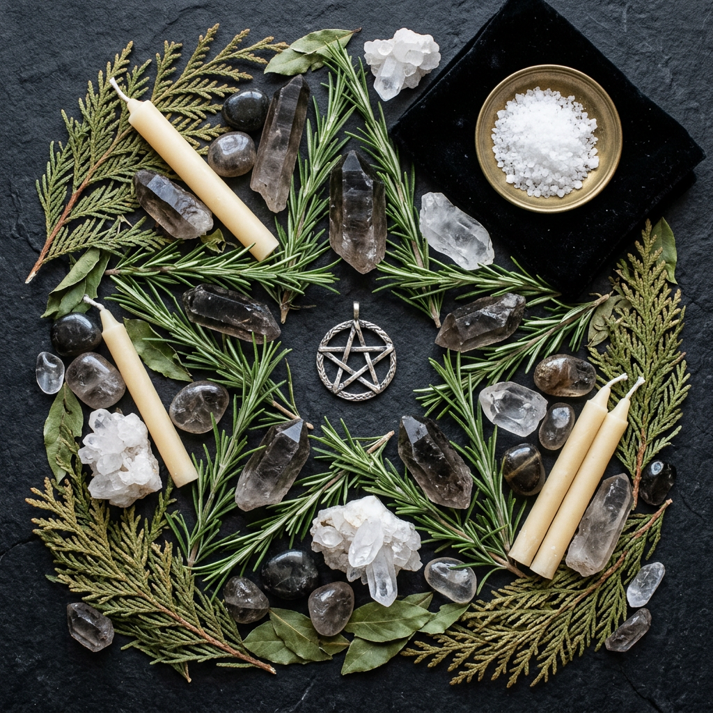 Pentacle props-only flat lay
