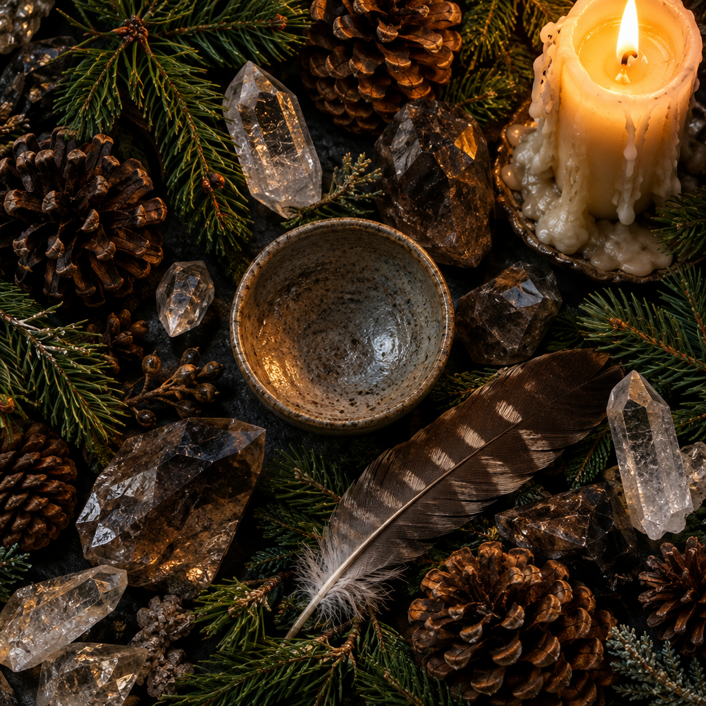 Pine ritual props-only flat lay