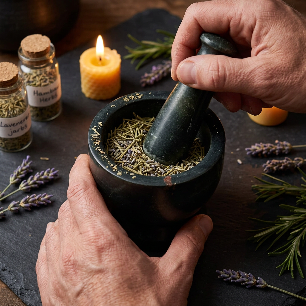 Plain soapstone mortar and pestle in use