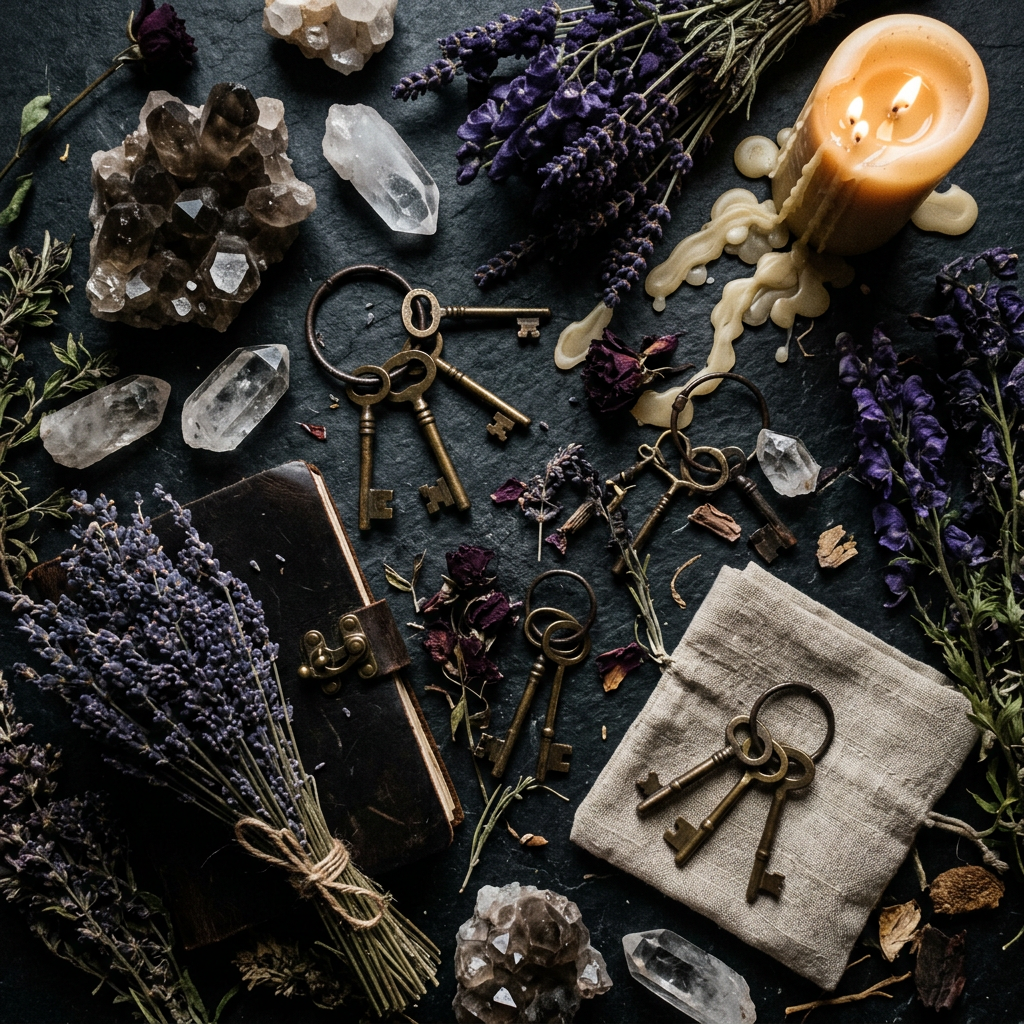Protection folklore props-only flat lay