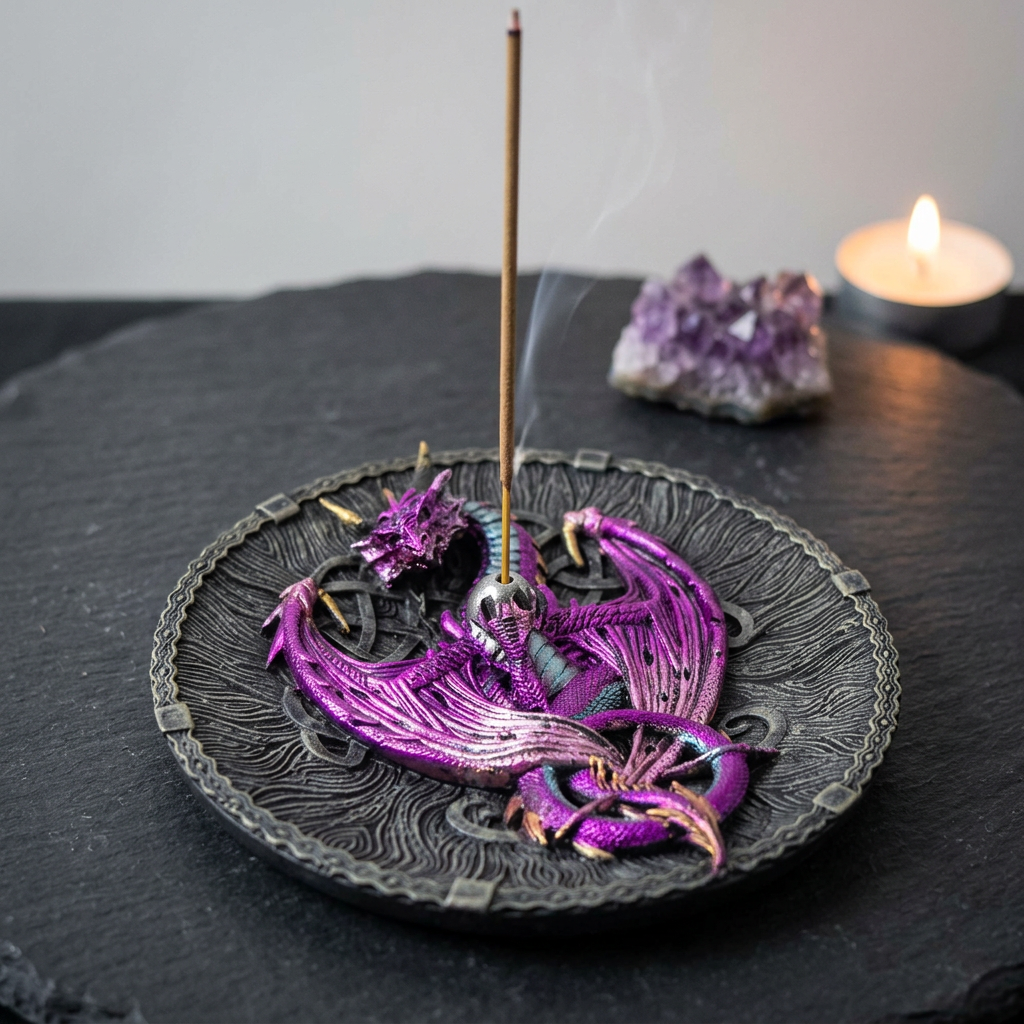 Purple Celtic dragon incense holder in use