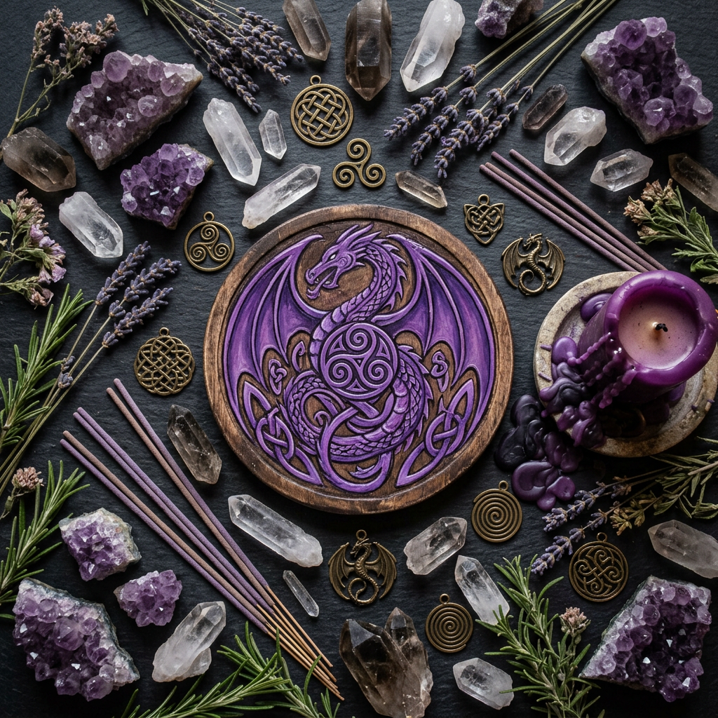 Purple Celtic dragon ritual props-only flat lay