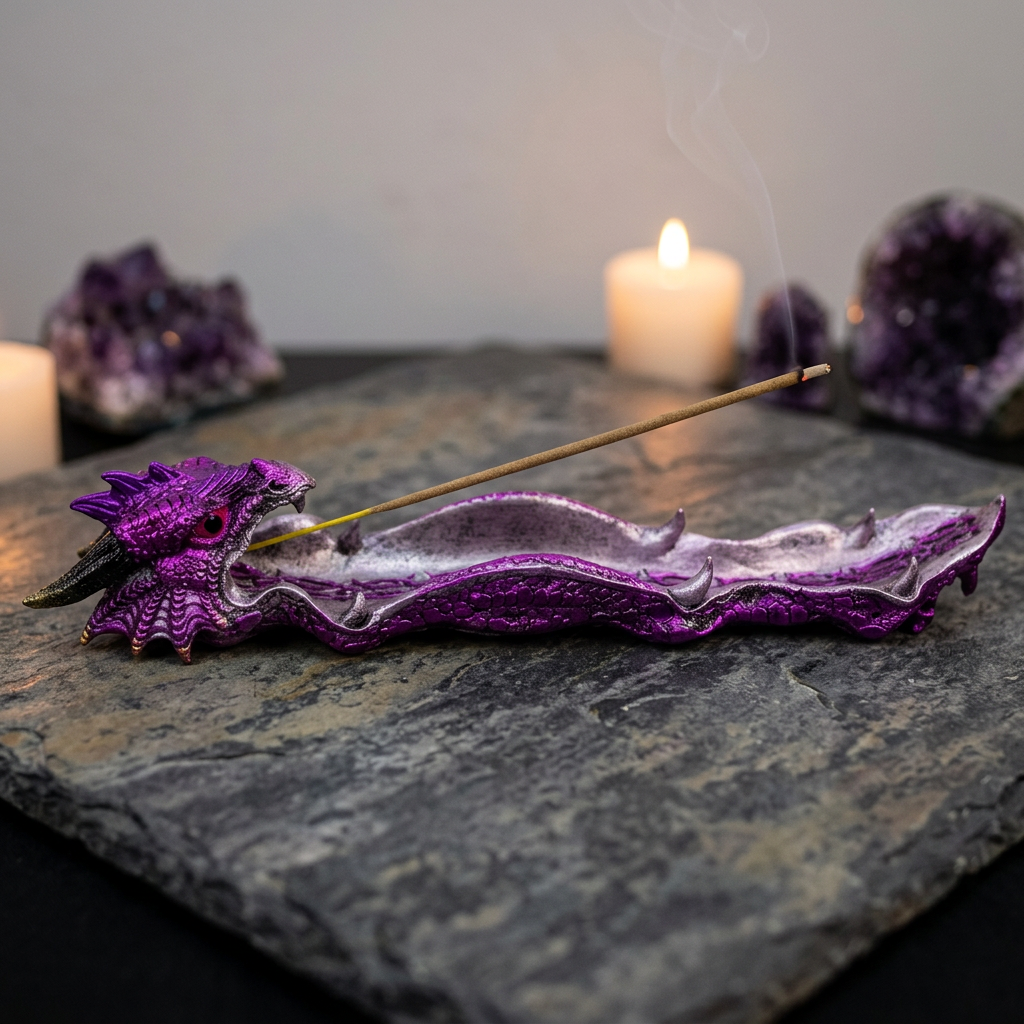 Purple dragon incense holder in use