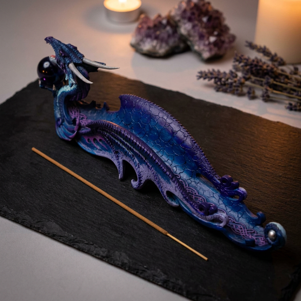 Purple dragon incense holder ritual setting
