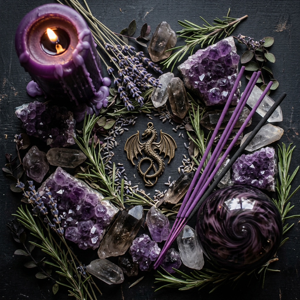 Purple dragon ritual props-only flat lay