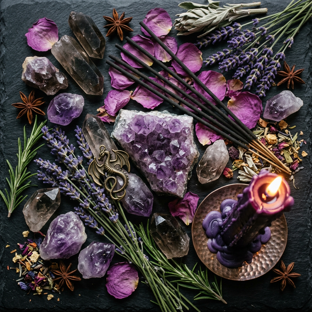 Purple dragon ritual props-only flat lay