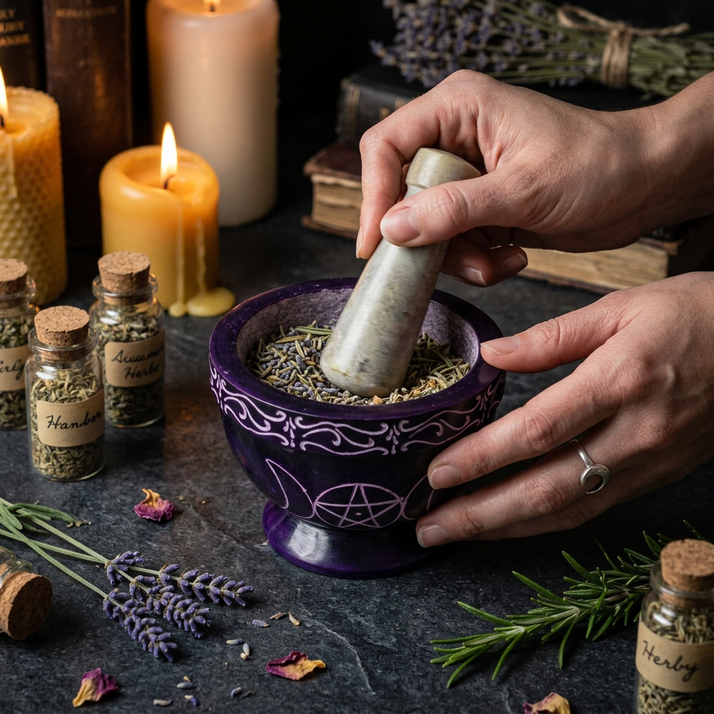 Purple triple moon mortar and pestle in use