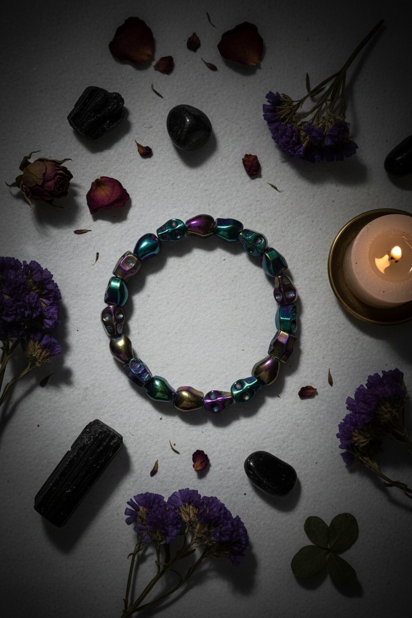 Rainbow Hematite Skull Bracelet Flat Lay
