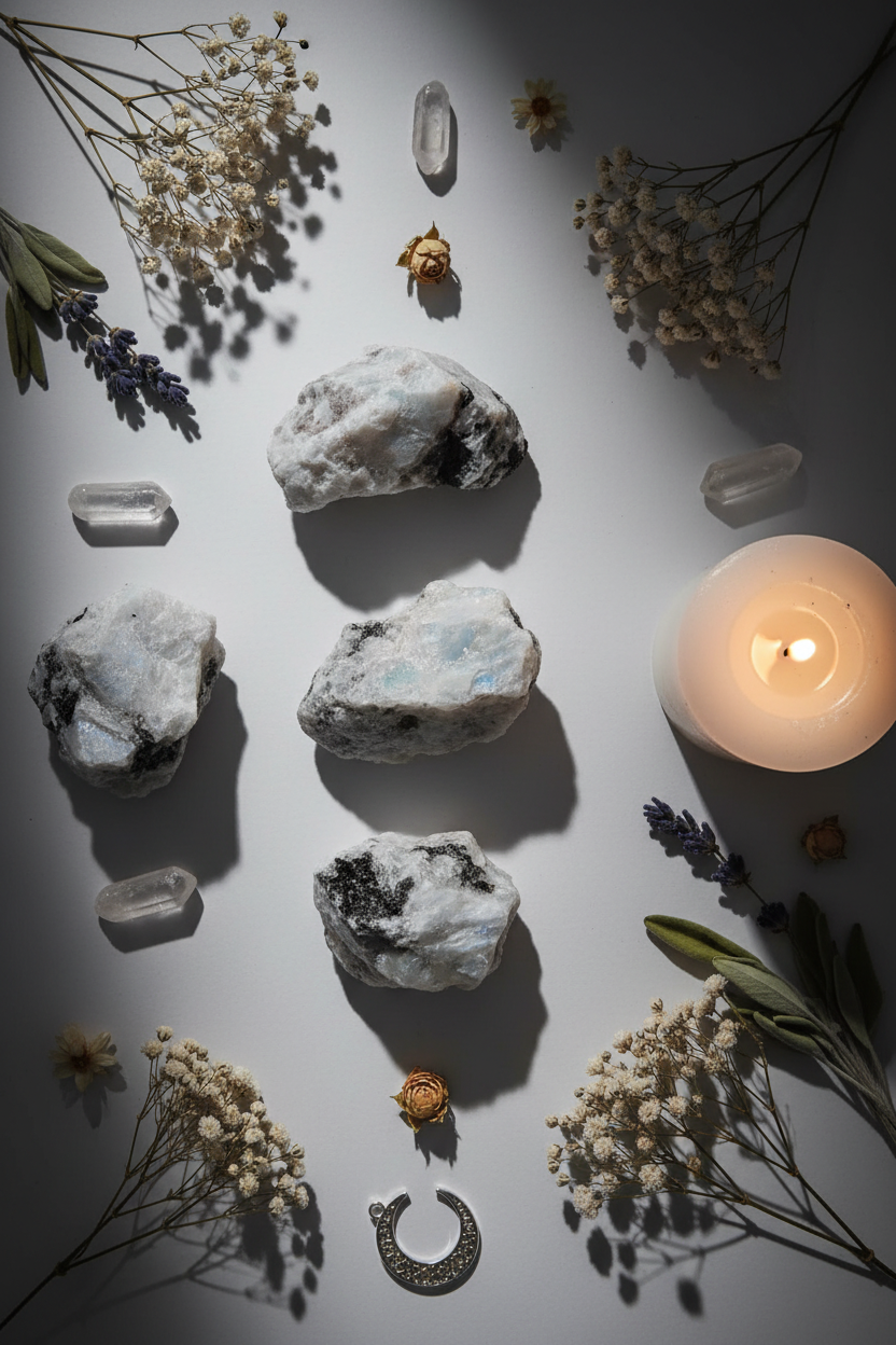 Rainbow Moonstone Chunks Flat Lay