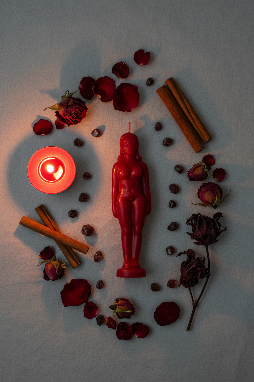 Red Female Figure Candle Flat Lay