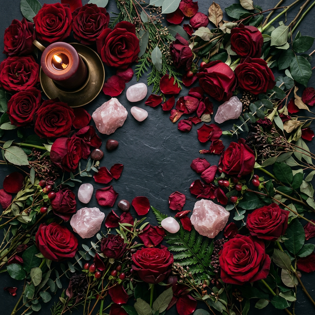 Red Rose props-only flat lay